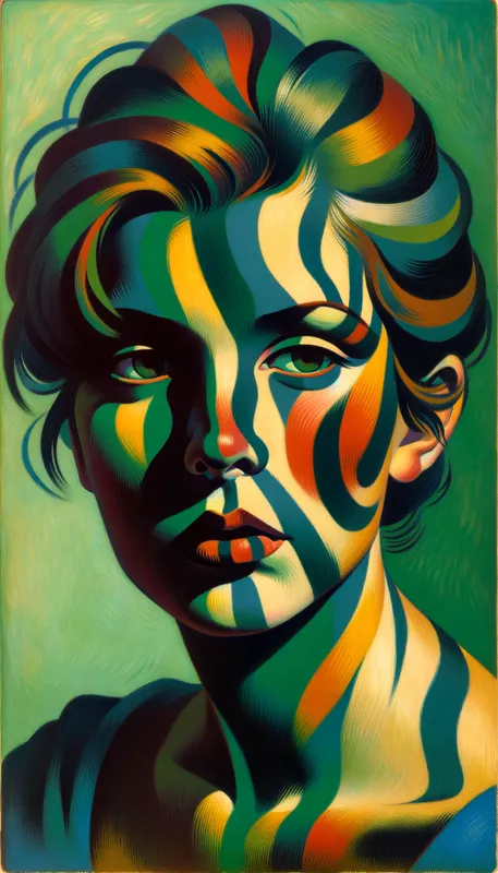 Fauvist Muse in Tertiary Hues - A vivid fauvist portrait of a young woman in three quarter view, her face dramatically crossed by tiger-like shadows, painted in a vibrant tertiary color scheme of olive, vermilion, and teal. - AI image generated with Art