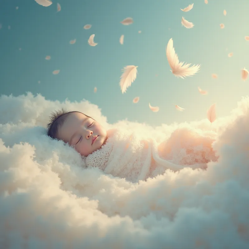 Feather Drift: Pure Sleep Tones - Create an ultra-minimal ambient lullaby called “Feather Drift Pure Sleep Tones.”
The music should feel like soft, weightless feathers gently floating around a sleeping baby.

Mood: airy, delicate, warm, slow, deeply soothing.
Use soft pads, feather-light drones, gentle hums, and slow tone waves.
No melody, no sparkles — only floaty, warm layers.

Perfect for deep, peaceful, uninterrupted sleep.
 - AI image generated with Photorealistic 2