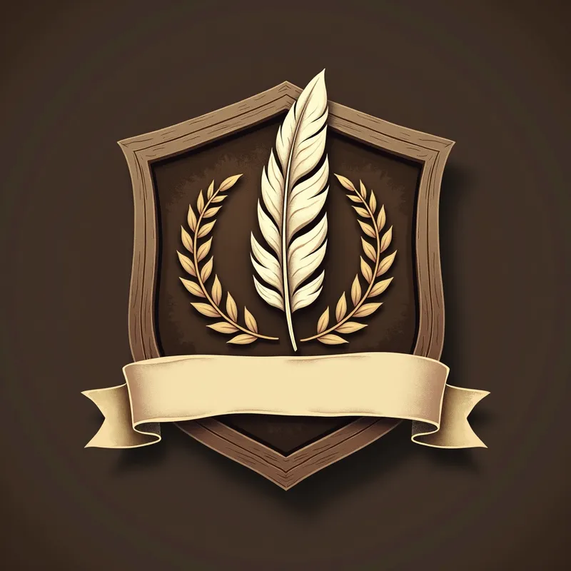 Feather and Scroll Crest - A classic crest logo featuring a feather and a scroll, indicating the traditional values of writing and storytelling. Use earthy colors like brown and parchment to give it a vintage yet professional look. - AI image generated with Text - lens flare, chalk