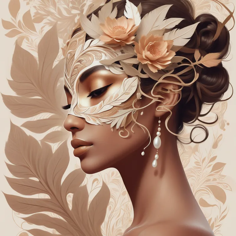 Feathers and Petals Reverie - A stylized digital painting of a graceful woman in profile facing right, with smooth tan skin, soft glamorous makeup, and an intricate leaf-inspired facial mask. Around her, oversized floral forms bloom with highly detailed petals and delicate stamens, interwoven with pale feathers and curling vines dotted with pearl-like details. The artwork uses a cohesive palette of warm neutrals, muted metallics, and subtle gold accents for an ethereal and refined look. - AI image generated with Photorealistic