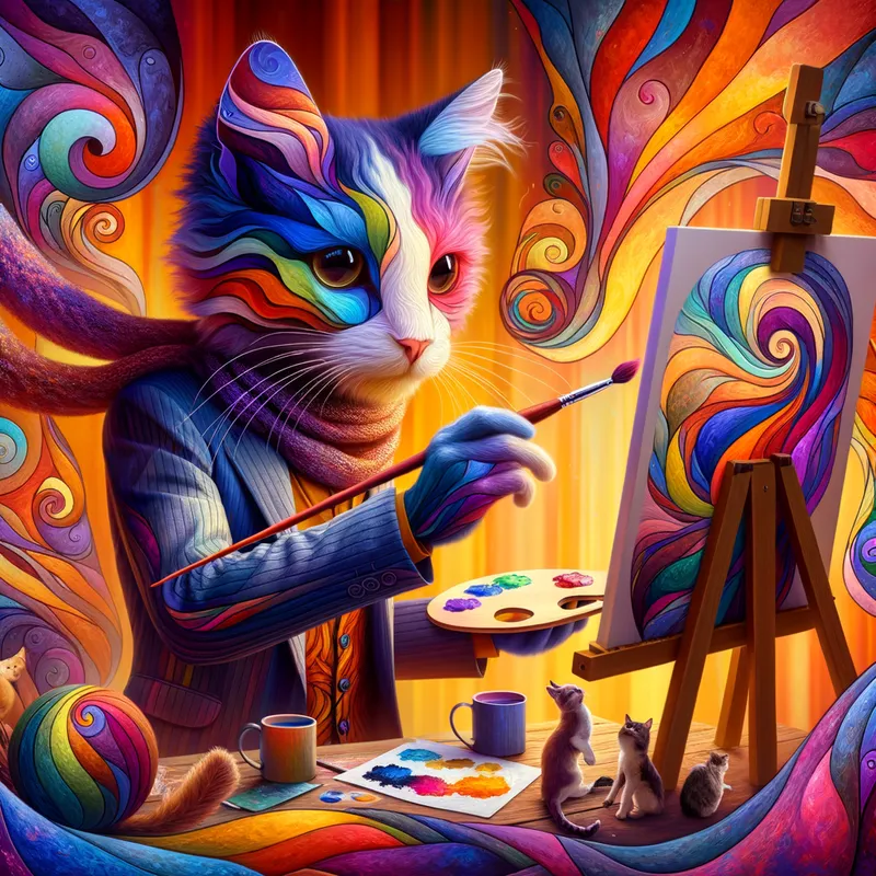 Felinely Fabulous - A vibrant, stylized image of a cat-human fusion character engaging in a creative or artistic pursuit, such as painting, music, or fashion design. - AI image generated with Art