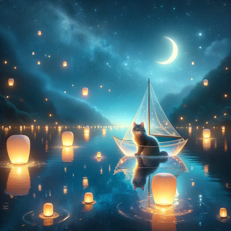 Feline’s Dreamy Voyage - A whimsical adventure where a cat sails on a crystal-clear, transparent boat across a serene, moonlit lake reflecting the night sky, with floating lanterns guiding its enchanting journey. - AI image generated with Art