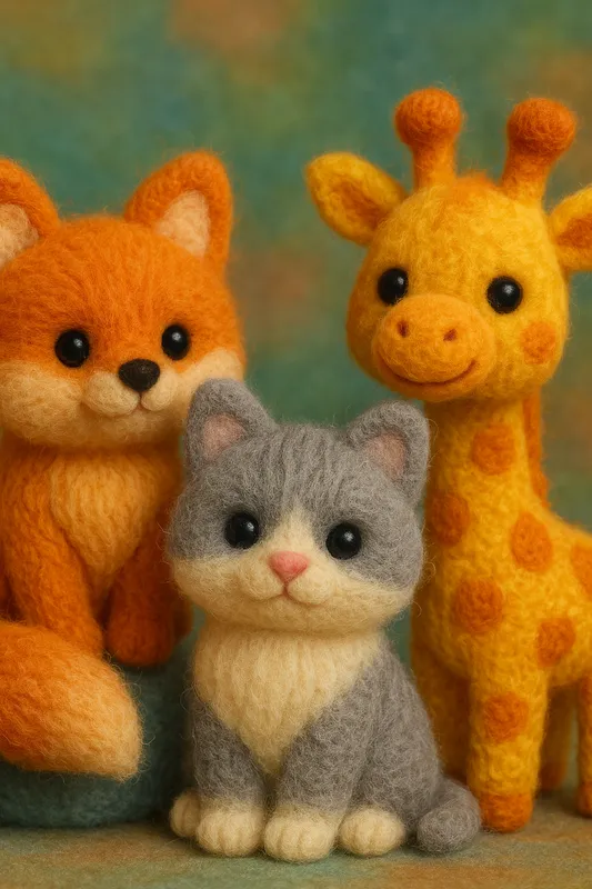 Felted Animal Trio - Three adorable animals created in a wool felt style, with distinct wool directions and a soft, plush texture, using vibrant colors. - AI image generated with GPT Image