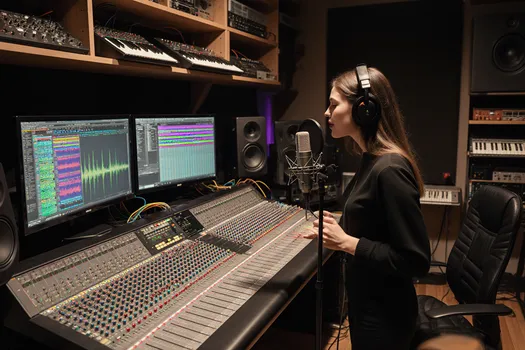 Female Singer in Neon Recording Studio