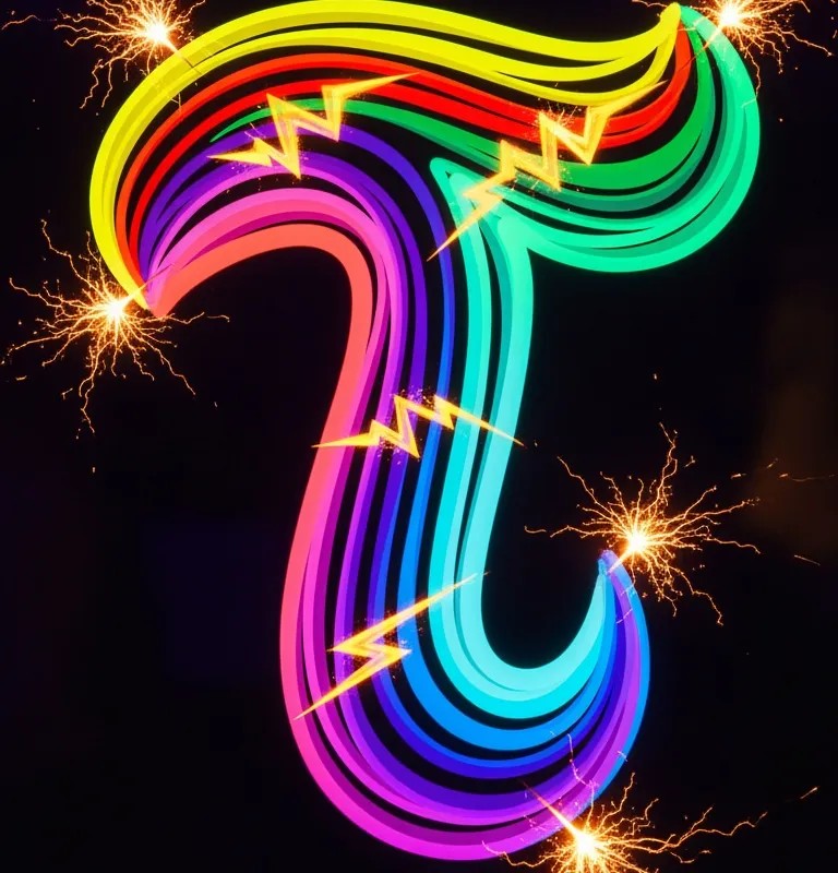 Feminine Neon T Abstract - An abstract, glow-in-the-dark artwork featuring the letter T as the central subject. The design incorporates smooth, flowing lines and a palette of neon red, orange, yellow, green, blue, purple, and pink, giving it a colorful, feminine feel. Blacklight effects and glowing cracker bolts add dynamic energy to the simple composition. - AI image generated with Imagen 4 Ultra