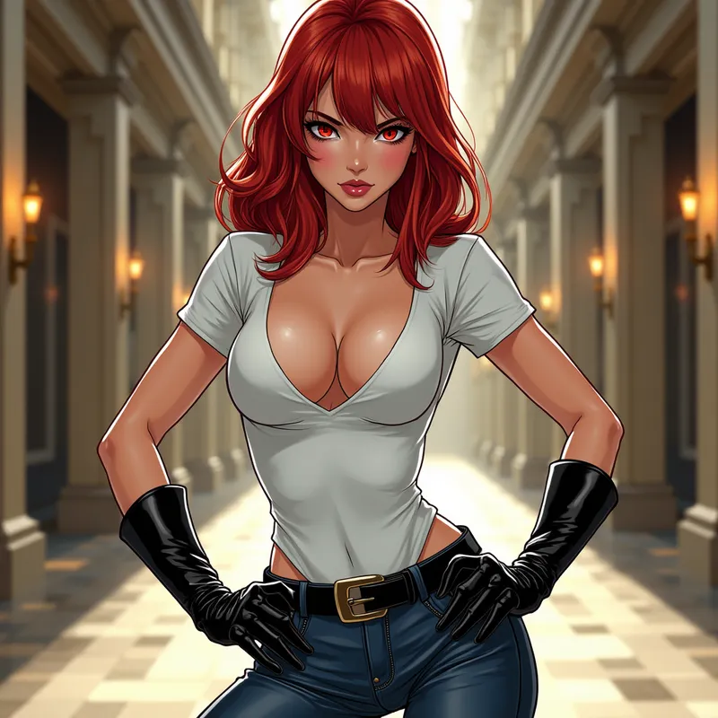 Femme Badasse Sublime au Regard Rouge - A stunning badass woman with a sublime face, mid-length red hair featuring a bold fringe. She wears a white plunging V-neck T-shirt, wide and stiff black leather gloves, low-rise jeans, and shiny black riding boots. She stands in a grand building hall, leaning forward toward the viewer with hands on her hips. Her eyes are glowing red with a loving, passionate gaze. Rendered in a detailed manga style, with rich colors, refined shading, and dramatic lighting. - AI image generated with Photorealistic 2