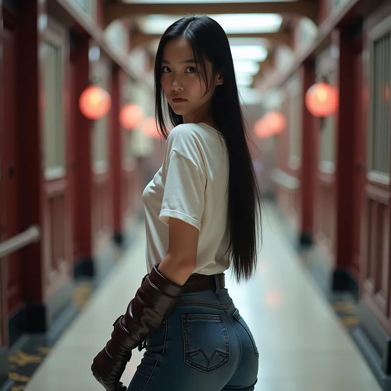 Femme Guerrière Dans un Hall - A magnificent-faced Chinese female fighter, with sublime eyes and straight, long black hair, wearing a white low-cut t-shirt, tight blue jeans, long black leather gloves, and brown high-shine leather riding boots. In a hall center, she is seen from behind, leaning forward, gazing fiercely back at the viewer. - AI image generated with Photorealistic 2