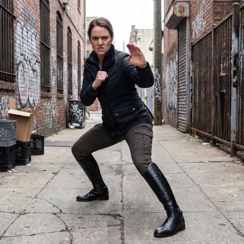 Femme Sans Peur - A bold woman in glossy, knee-high equestrian leather boots assumes a karate stance. Her face shows an intimidating, angry scowl as she confronts the viewer, surrounded by an urban, gritty setting. - AI image generated with 4K Pro