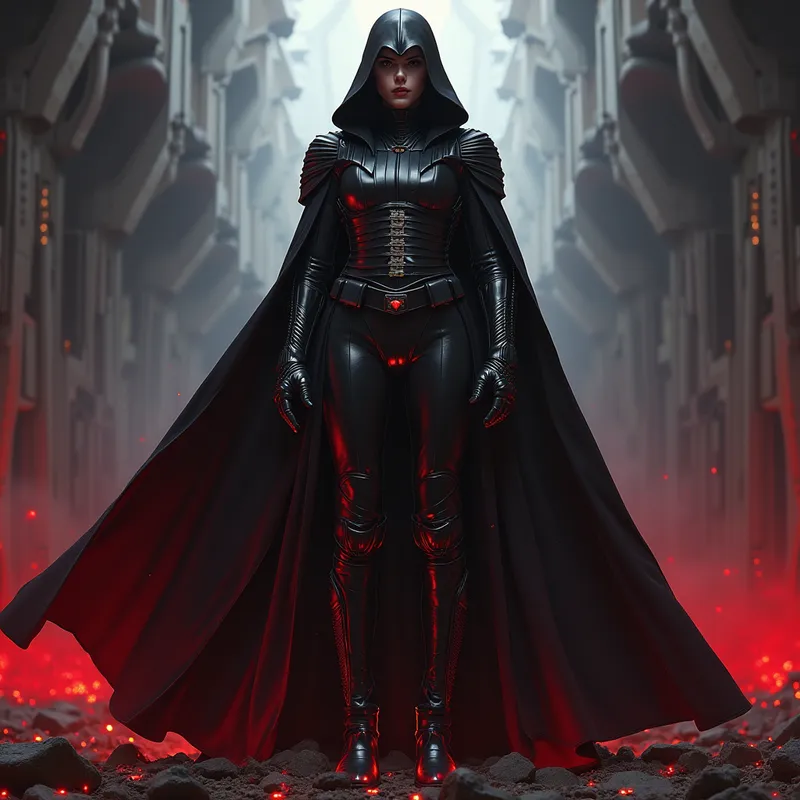 Femme Sith Impitoyable - A ruthless female Sith Lord inspired by Star Wars, towering above in glossy riding boots, seen from the ground-level perspective of her boots pressing down mercilessly. The Sith's face is cold and unforgiving, her black and red outfit dramatic and imperial, the soles of her boots dominating the foreground. - AI image generated with Photorealistic 2