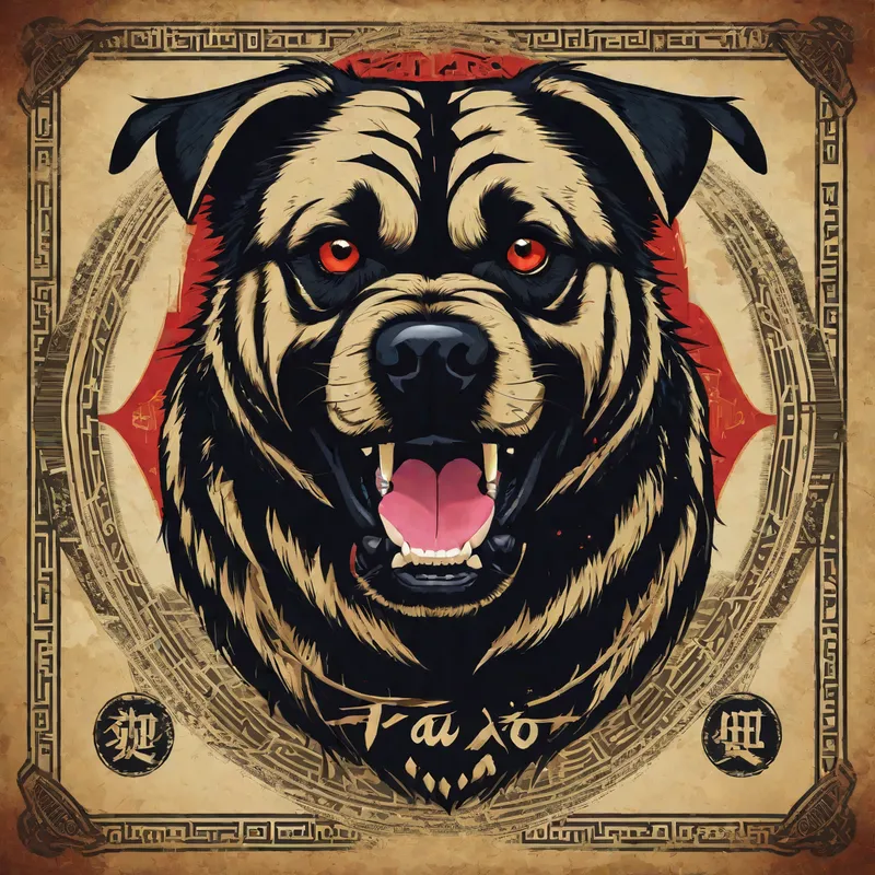 Feral Beast - A wild, hostile dog with glaring, hostile eyes and pronounced fangs, with 'TAO SALVAJE' written in dark, dynamic script in the background. - AI image generated with Fictional