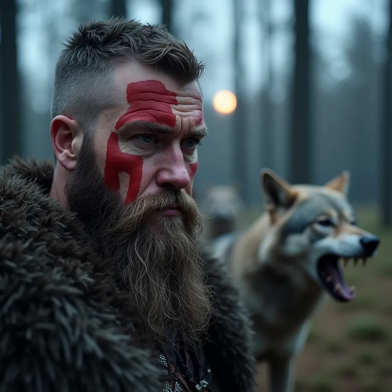 Feral Viking Alpha - A close-up of a charismatic Viking with a short, rugged beard and vivid red war paint slashed over his brow and cheeks. Behind him, a pack of snarling wolves is visible amongst moonlit trees, creating a wild, primal ambiance. - AI image generated with Photorealistic 2