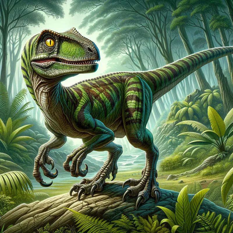 Ferocious Hunter - Illustrating a fierce velociraptor, this image reveals a creature with striking green skin decorated with subtle brown patterns that meld with the environment. The raptor's vivid yellow eyes radiate intellect and fierce resolve. It stands in an agile, energetic pose, its slender frame hinting at tremendous speed. Shaped for the hunt, its sharp claws and strong, extended tail support its quick and acrobatic moves. Each muscle is primed to leap, evoking the majestic and formidable essence of this dinosaur. - AI image generated with Art