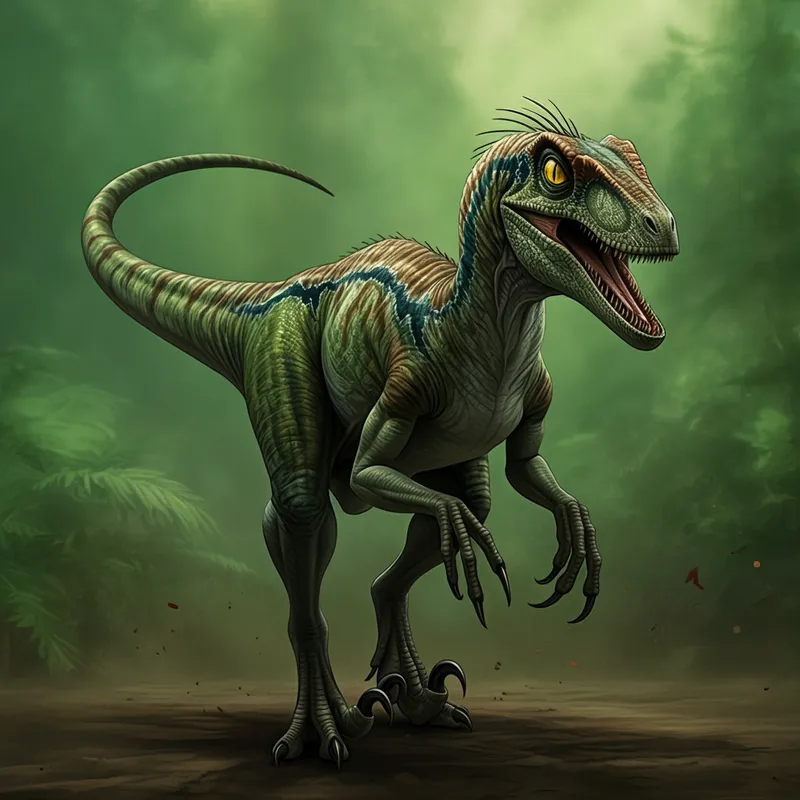 Ferocious Hunter - Illustrating a fierce velociraptor, this image reveals a creature with striking green skin decorated with subtle brown patterns that meld with the environment. The raptor's vivid yellow eyes radiate intellect and fierce resolve. It stands in an agile, energetic pose, its slender frame hinting at tremendous speed. Shaped for the hunt, its sharp claws and strong, extended tail support its quick and acrobatic moves. Each muscle is primed to leap, evoking the majestic and formidable essence of this dinosaur. - AI image generated with Imagen 3
