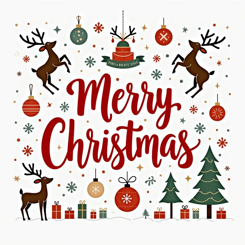 Festive Christmas Card - A festive calligraphy Christmas card with the text 'Merry Christmas' in bright red script, surrounded by playful illustrations of reindeer, snowflakes, and ornaments on a snowy white backdrop. - AI image generated with Photorealistic 2