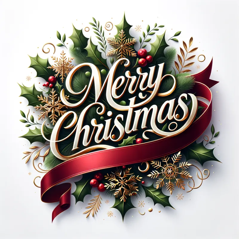 Festive Christmas Emblem - A modern and stylish logo featuring the words 'Merry Christmas' in elegant gold calligraphy, surrounded by snowflakes, holly leaves, and a red ribbon on a white background. - AI image generated with Art