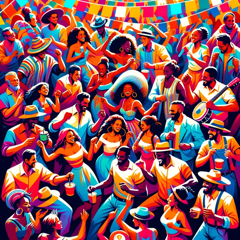 Festive Fiesta - A lively scene at a Latin American festival with people dancing joyfully to rhythmic music, capturing the essence of community and culture. - AI image generated with Art