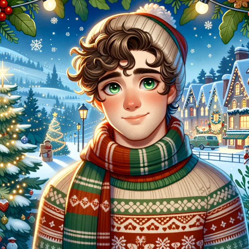 Festive Ghibli Guy - ghibli male during christmas time with curly hair and green eyes - AI image generated with Art