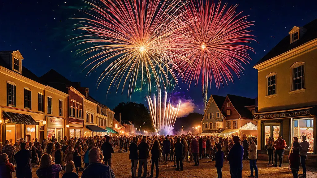Festive Night - An enchanting night scene featuring a fireworks show in a small town square, with families and friends gathered, watching in awe.