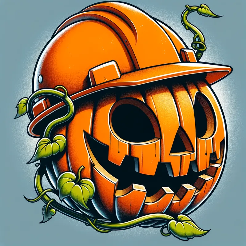 Festive Worker - A playful representation of a jack-o-lantern partially transformed into an orange construction helmet, with pumpkin vines intertwined with the helmet's straps. - AI image generated with Art