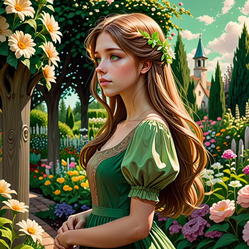 Fey Profile: Maiden in Flower Garden - a young woman with light brown hair and eyes. her hair is long and straight. she wears a simple green dress and stands in front a flower garden. - AI image generated with Fictional - profile view, fantasy art