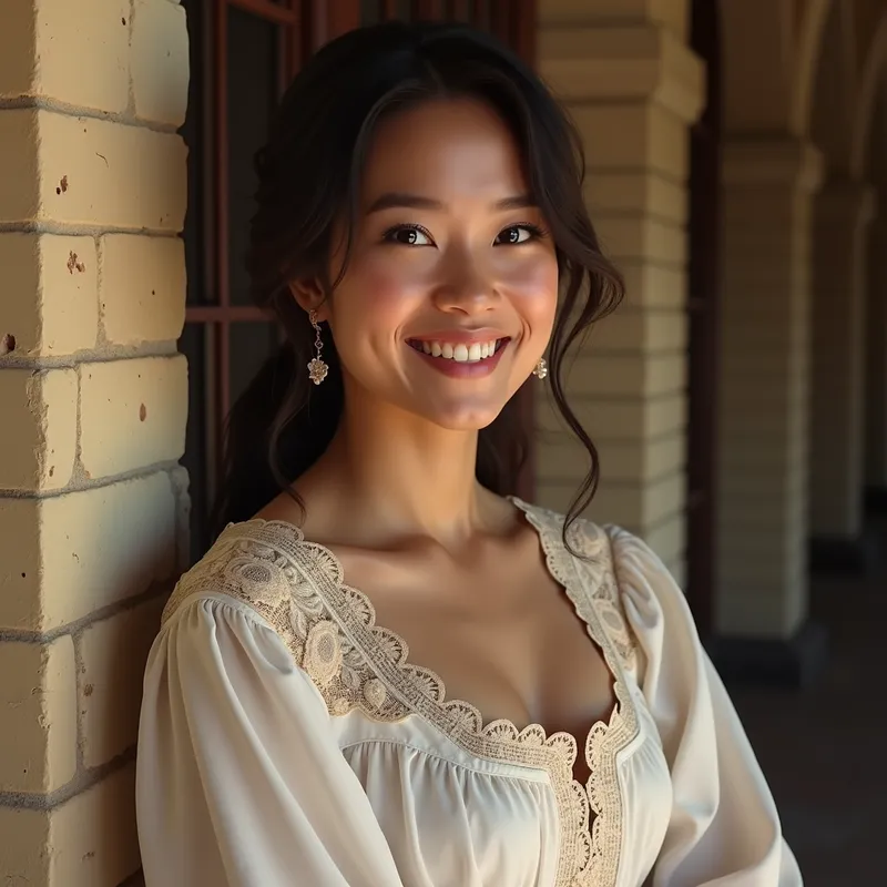 Filipina Maria Clara Grace - A realistic portrait of a young Filipina woman with almond-shaped brown eyes, a button nose, and full lips, smiling warmly with her dimples showing. She wears a traditional Maria Clara dress with intricate lace details, standing against a backdrop of a Spanish-era ancestral home. - AI image generated with Photorealistic 2 - photorealistic