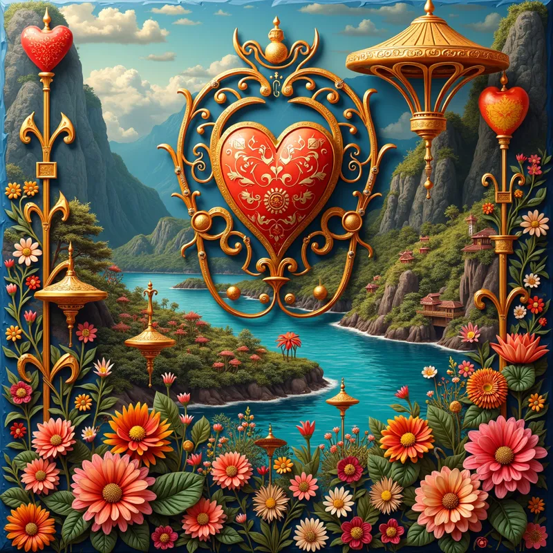 Filipino Fantasy Realm - Create an otherworldly landscape inspired by T'boli brassware, beautifully infused with love hearts, colorful flowers, and intricate patterns. Highlight the design with traditional Filipino colors and textures to embody a unique cultural identity. Add delicate cultural references through Filipino architectural details or folklore motifs to produce a visually stunning display of Filipino cultural beauty. - AI image generated with Photorealistic 2