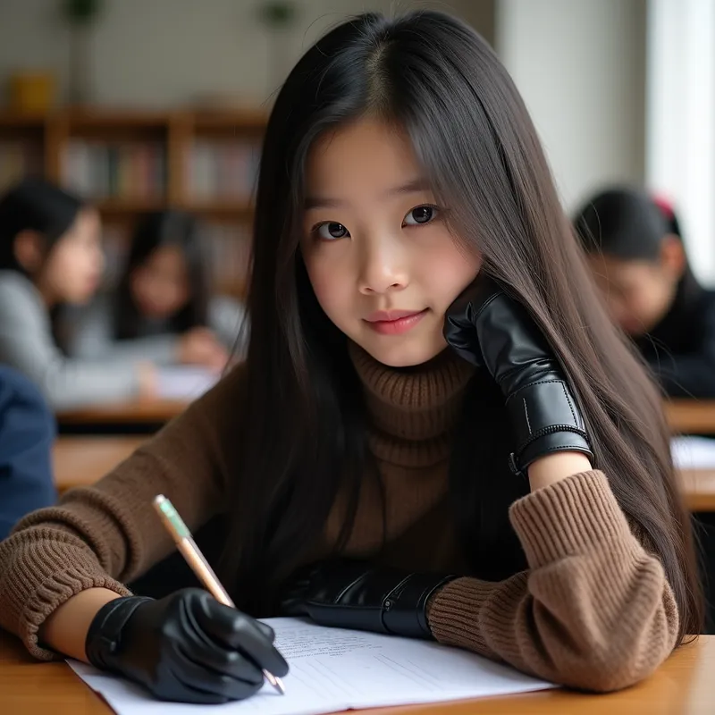 Fille Studieuse au Visage Magnifique - Portrait of a lovely young Japanese girl, age 13, with exquisite eyes and flawless long, straight hair. She is wearing a fitted brown pullover, sleek slim jeans, black leather gloves with noticeable seams, and polished knee-length riding boots. She appears deeply focused as she studies in her school classroom. - AI image generated with Photorealistic 2