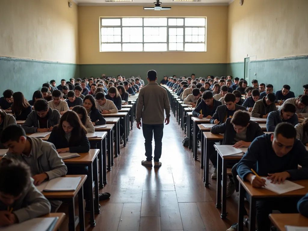 Final Examination Hall - A large, spacious hall filled with individual desks arranged in neat rows. Each desk has a test paper and a pencil. The room is well-lit with natural light streaming in from large windows. Students are seated at the desks, focused intently on their test papers, while an invigilator walks down the aisles overseeing them. The atmosphere is tense and silent, reflecting the seriousness of the final examination. - AI image generated with Photorealistic 2