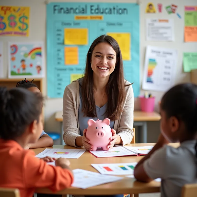 Financial Education in Elementary School - A bright and engaging classroom scene where young children are learning about financial education. The classroom is decorated with colorful charts and posters depicting basic financial concepts. The teacher, with a friendly demeanor, stands at the front of the room, explaining concepts like saving, spending, and sharing. Children of diverse backgrounds are sitting at their desks, interacting with educational materials such as piggy banks, play money, and cost comparison charts. The atmosphere is lively and nurturing, emphasizing the importance of financial literacy from a young age. - AI image generated with Photorealistic 2