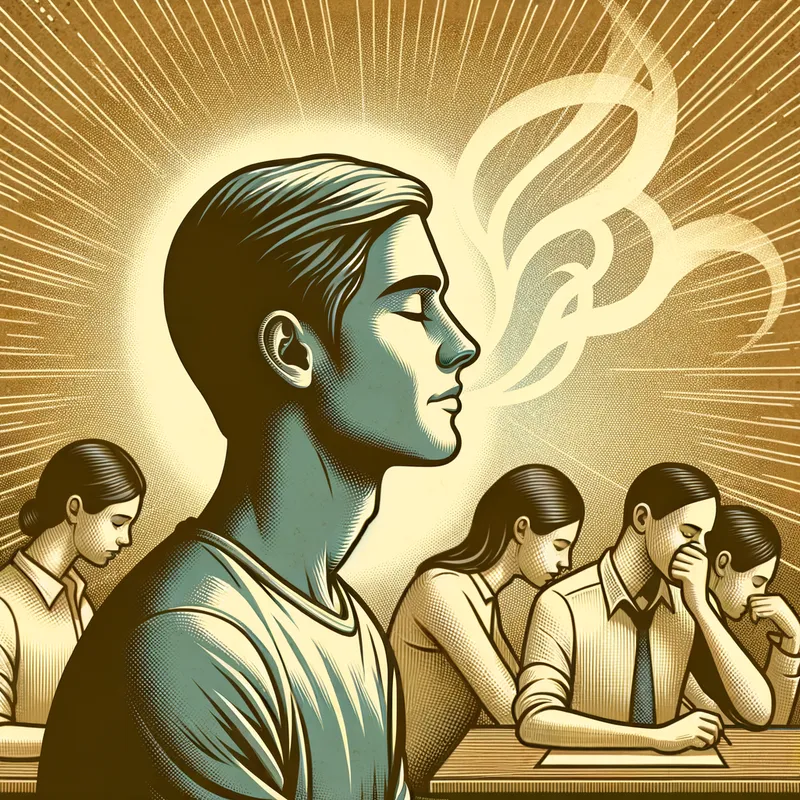 Finding Balance - An image showing a person with a serene expression, doing deep breathwork in the foreground, glowing with a soft aura, while in the background, a group of people are stressing over their complex health routines. - AI image generated with Art - nostalgic vintage scene, minimalist line art, stippling drawing