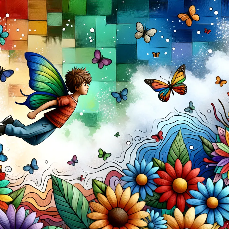 Finding Joy Through Imagination - A dreamy scene depicting Alex's imaginative world where he soars alongside butterflies above a kaleidoscope of flowers, symbolizing his escape from worries and discovery of happiness. - AI image generated with Art - vivid colors, cartoony