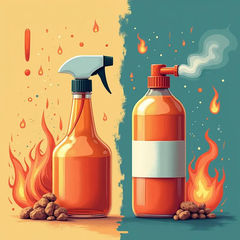 Fire Hazard Alert - A highly detailed illustration featuring both an oxydant and flammable product placed side by side, with graphic elements such as flames, smoke, and exclamation marks to stress the risk. - AI image generated with Photorealistic 2 - panoramic view