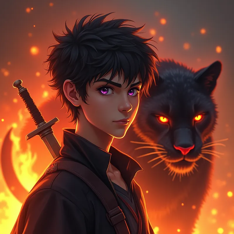 Fire and Fury - In the heart of an inferno, a young man stands unfazed, his short, unruly dark brown hair framing his striking purple eyes. He draws his blade as a panther with ominous red eyes materializes from the flames behind him, exuding danger and strength. - AI image generated with Photorealistic 2 - over-the-shoulder