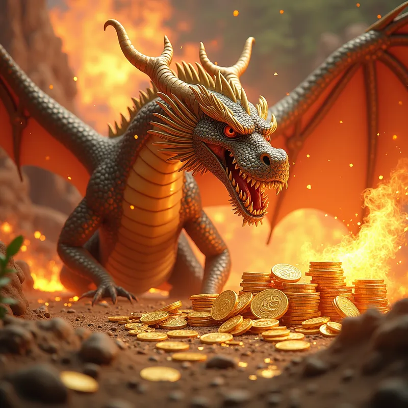 Fire and Gold Fury - A mighty dragon surrounded by heaps of gleaming gold coins and treasures unleashes a torrent of fire. - AI image generated with Photorealistic 2