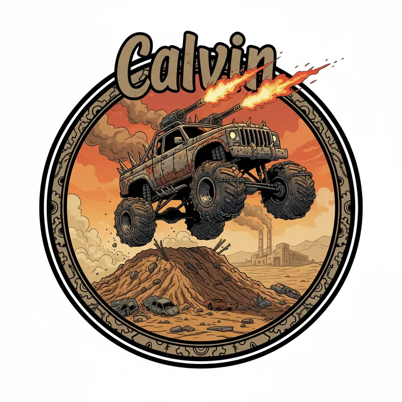 Firepower Overdrive Sticker - A Mad Max-inspired monster truck jumps over a pile of earth, with mounted guns emitting flames. The vehicle is detailed with patchwork metal and rough textures. 'Calvin' is written at the top, with the scene enclosed in a bold circular vector sticker. - AI image generated with Nano Banana