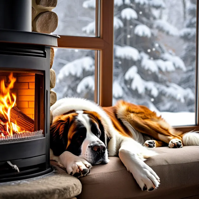 Fireside Companion - A large Saint Bernard dog dozing off by the side of a bright, warm fireplace, with a view of a snow-covered landscape through the window. - AI image generated with Nova Canvas