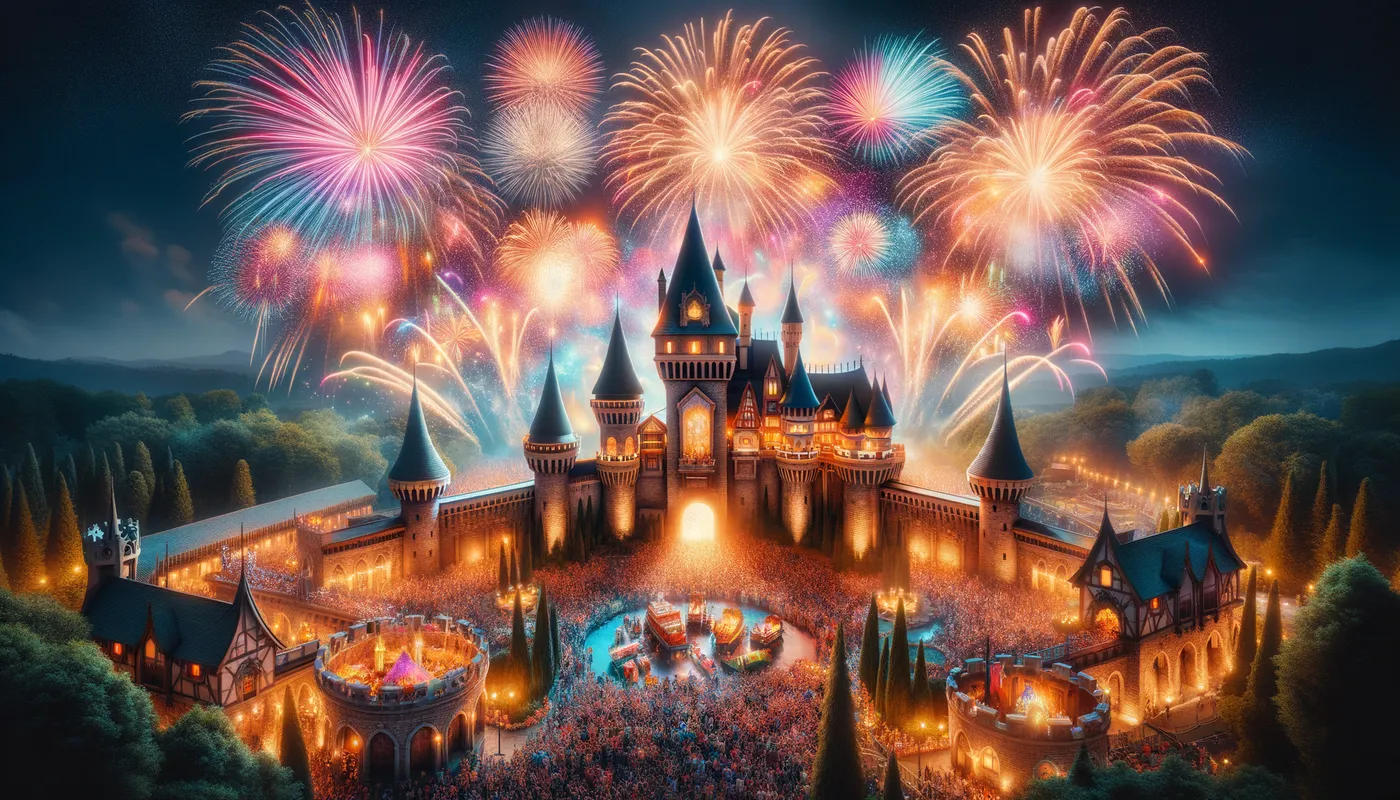 FireworksFiesta - Spectacular fireworks burst in a symphony of color above Sleeping Beauty Castle, while the park bustles with elated guests during the grand nighttime spectacle. - AI image generated with Art