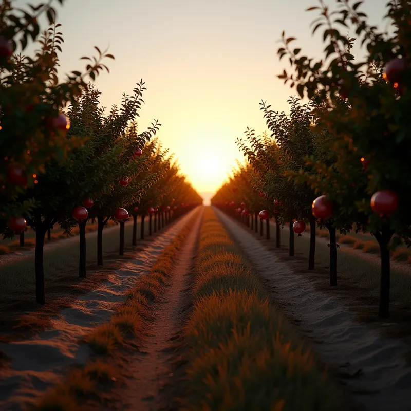 First Light on Pomegranates - A tranquil scene of pomegranate trees standing tall in orderly rows, illuminated by the first light of the day breaking through the horizon. - AI image generated with Photorealistic 2