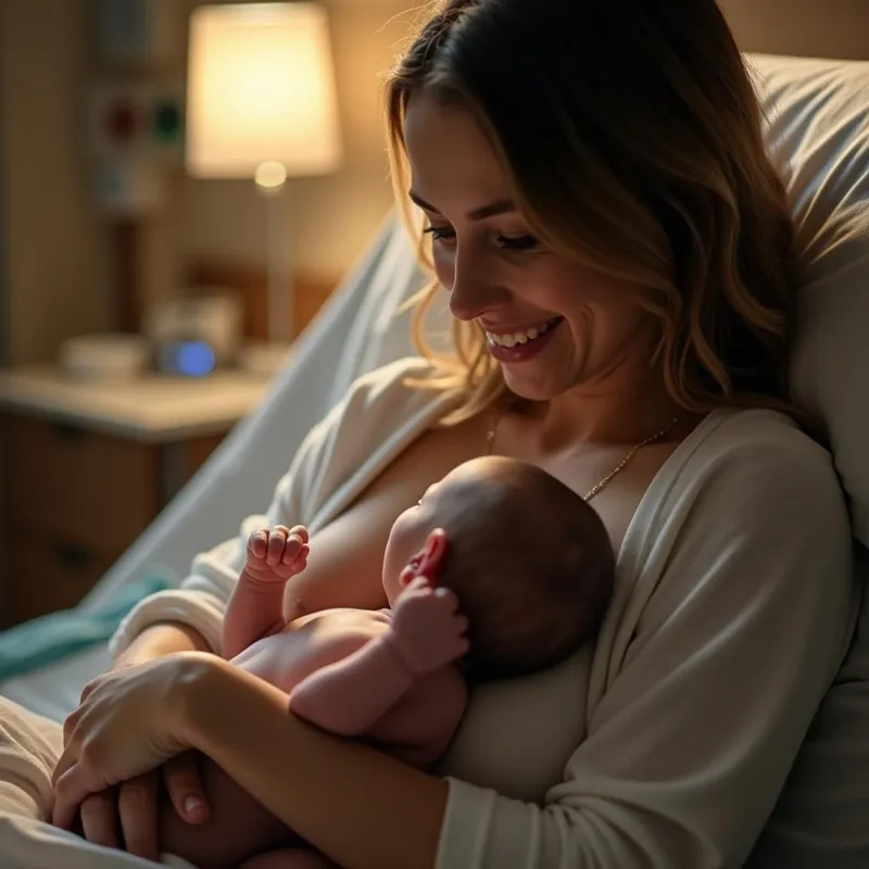 First Moments Together - A serene and intimate image of a new mother holding her baby close against her chest, with the soft glow of hospital lights creating a sense of warmth and security. - AI image generated with Photorealistic 2
