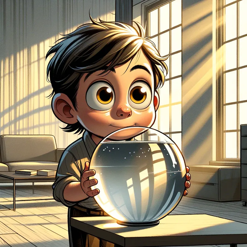 Fishbowl Dreams - An imaginative boy holding tight to a fishbowl, his eyes wide with fascination. The living room is modern and minimalistic, featuring sleek furniture and sparse decor. The light filtering in through large windows highlights the tranquil scene and the soft ripples in the fishbowl water. - AI image generated with Art - cartoony