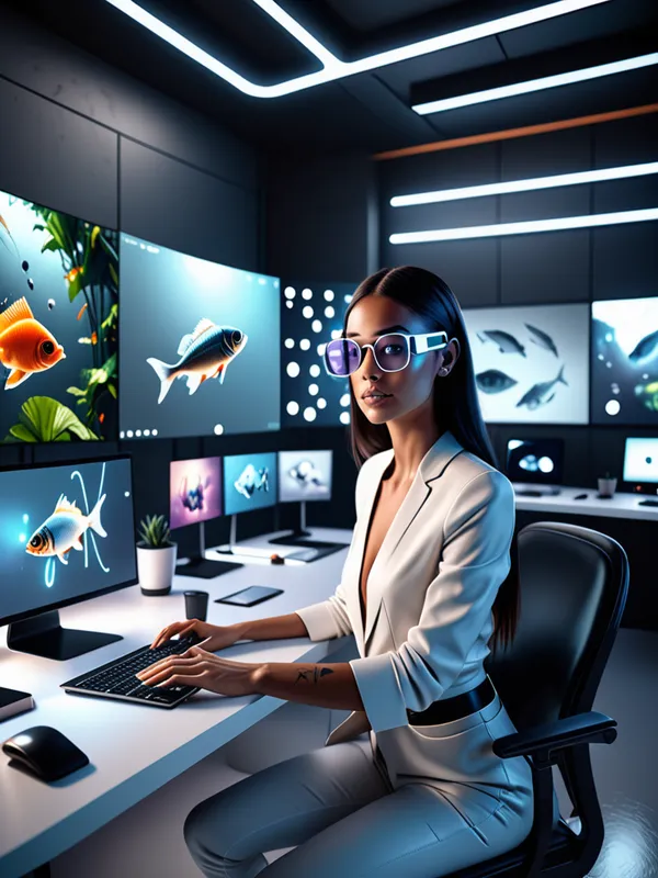 Fisheye View: Futuristic AI Workspace - Photorealistic creative marketing workspace in a futuristic metaverse, avatar designer using an AI image generator, floating UI panels with image thumbnails, clean desk aesthetic, warm studio lighting, premium modern vibe, depth of field, 8k - AI image generated with Fictional - fish eye