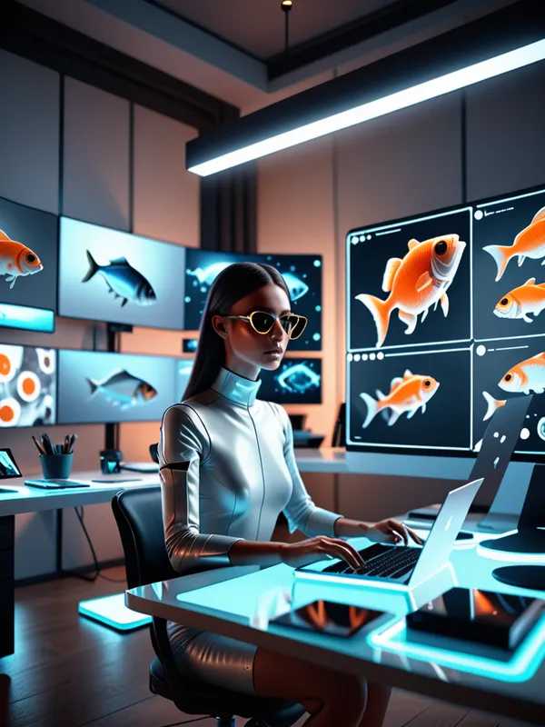 Fisheye View: Futuristic AI Workspace - Photorealistic creative marketing workspace in a futuristic metaverse, avatar designer using an AI image generator, floating UI panels with image thumbnails, clean desk aesthetic, warm studio lighting, premium modern vibe, depth of field, 8k - AI image generated with Fictional - fish eye