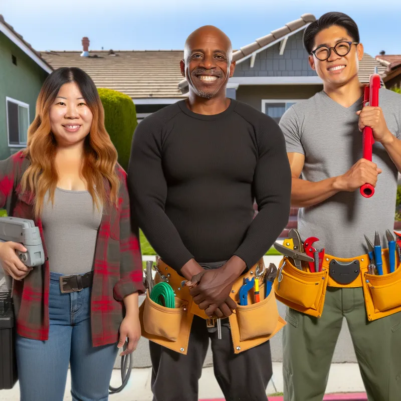 FixNest Specialist Team - A dynamic image showing the FixNest team of experts, each representing different specializations such as electrical, plumbing, and structural repairs. They are gathered in front of a house, ready with their tools and equipment, symbolizing their readiness to tackle any property issue. - AI image generated with Art