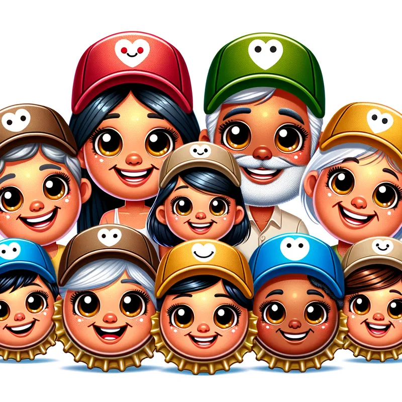 Fizzy Faces - A delightful image of a diverse family of cartoon-style beer bottle caps, each with a unique and charming facial expression, capturing the bubbly and lively nature of the scene. - AI image generated with Art