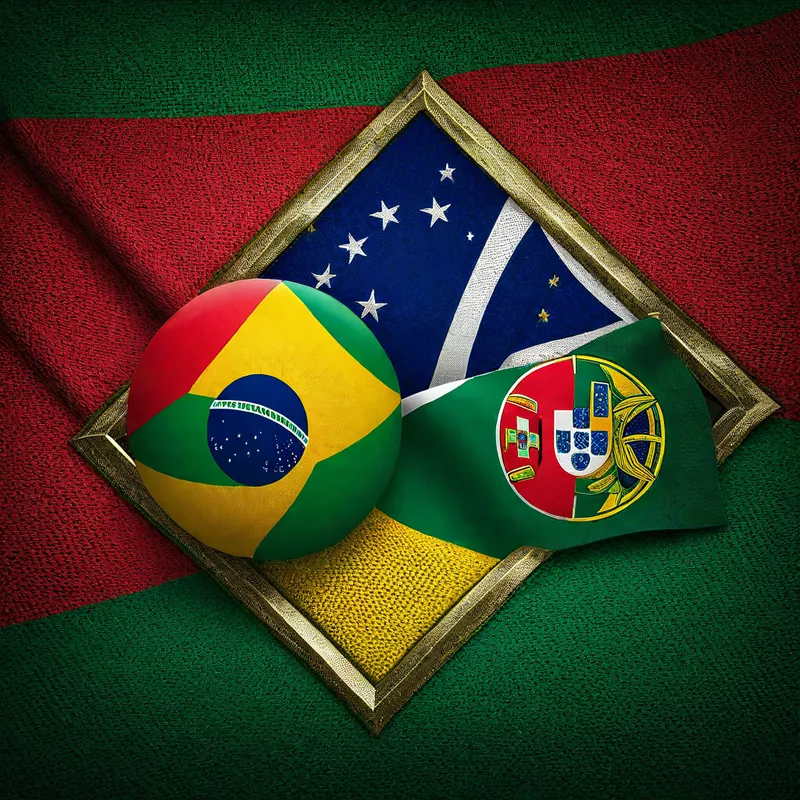 Flag Face-Off - A vibrant and dynamic image featuring the Portuguese flag and the Brazilian flag side by side. The flags should be depicted in full color, with the Portuguese flag on the left, displaying its green and red fields with the national coat of arms, and the Brazilian flag on the right, showcasing its green field, yellow diamond, and blue globe with stars. The background can include subtle elements that represent both countries, such as iconic landmarks or cultural symbols. The mood should be energetic and celebratory, highlighting the friendly rivalry and deep connections between Portugal and Brazil. - AI image generated with Photorealistic