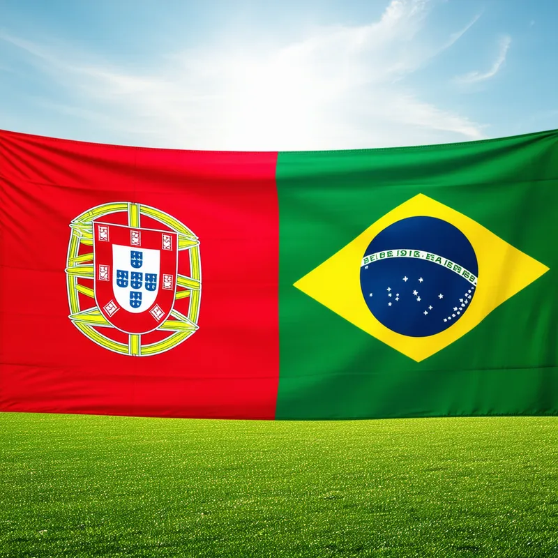 Flag Face-Off - A vibrant and dynamic image featuring the Portuguese flag and the Brazilian flag side by side. The flags should be depicted in full color, with the Portuguese flag on the left, displaying its green and red fields with the national coat of arms, and the Brazilian flag on the right, showcasing its green field, yellow diamond, and blue globe with stars. The background can include subtle elements that represent both countries, such as iconic landmarks or cultural symbols. The mood should be energetic and celebratory, highlighting the friendly rivalry and deep connections between Portugal and Brazil.