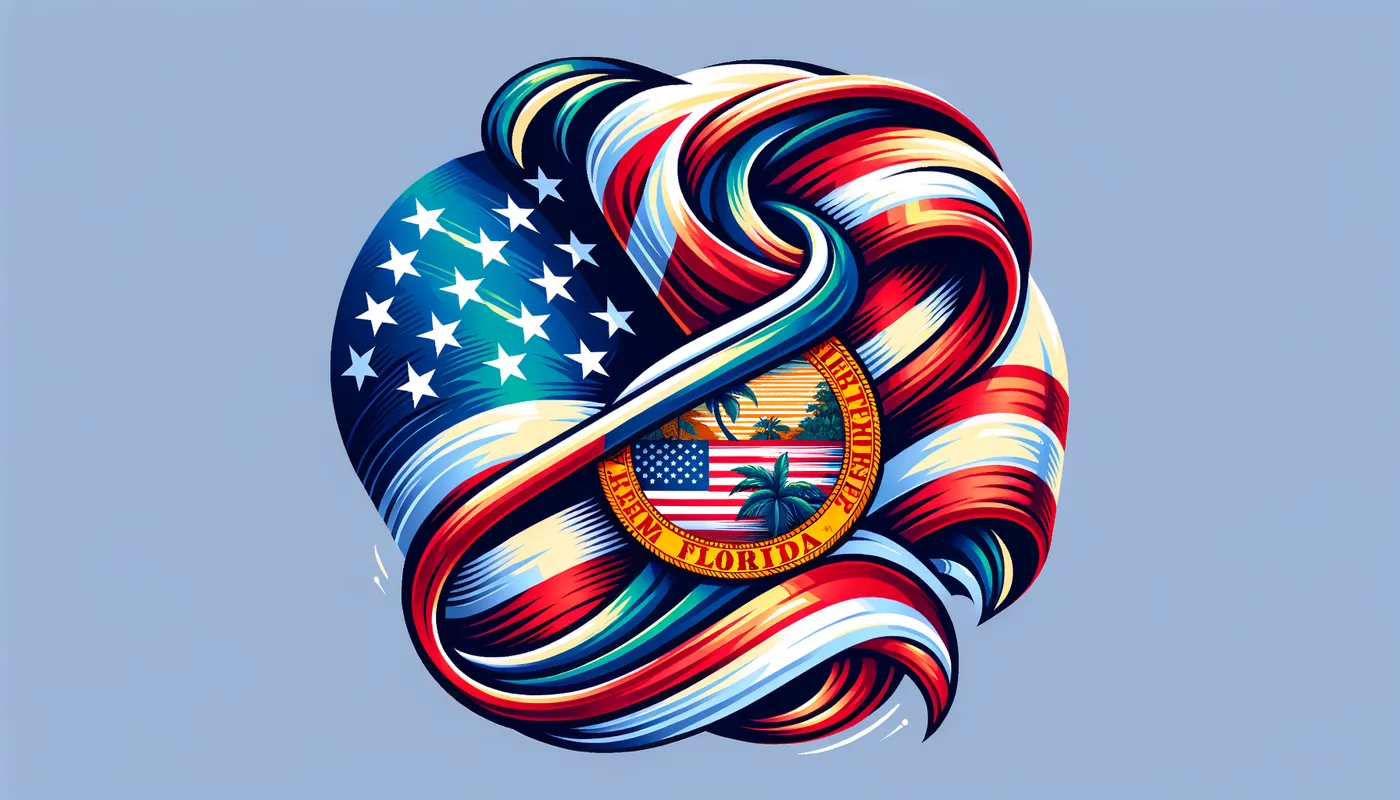 Flag Fusion - A vibrant and dynamic illustration combining elements of the American flag and the Florida State flag, creating a unified image that represents both national and state pride. - AI image generated with Art