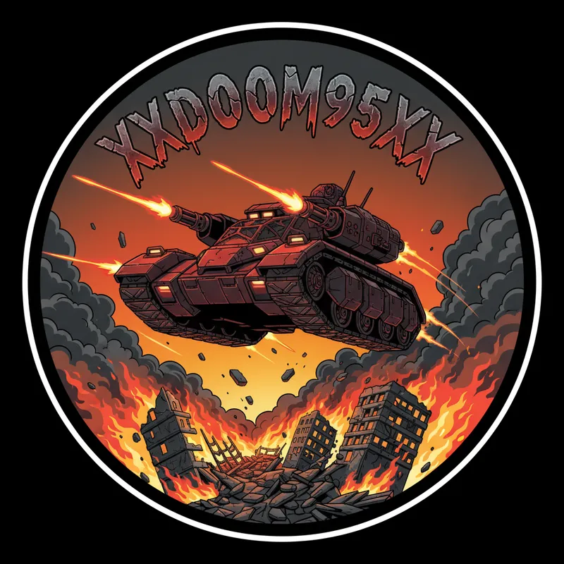 Flaming Doom Sticker - Design a round vector image for a sticker showing a powerful, armored vehicle airborne above destroyed urban ruins, guns blazing and headlights glowing blood red. The city burns furiously around it, flames and smoke filling the scene. 'XXDOOM95XX' appears at the top in a gritty, distressed style. - AI image generated with Nano Banana