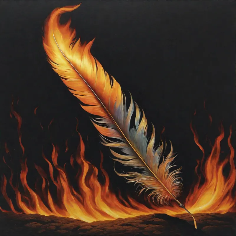 Flaming Feather Descends Into Darkness - a flaming feather falling down into darkness - AI image generated with Fictional