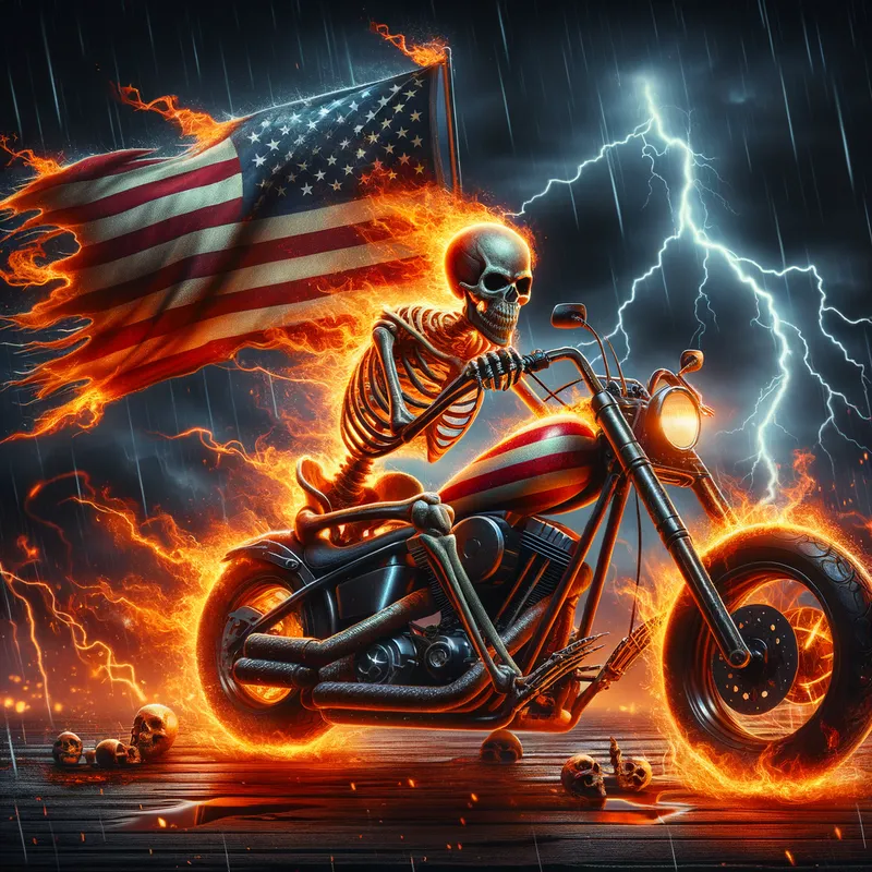 Flaming Skull Biker - A skeleton on fire riding a motorcycle with the American flag waving behind him, set against a dark, stormy night with lightning striking in the background. - AI image generated with Art